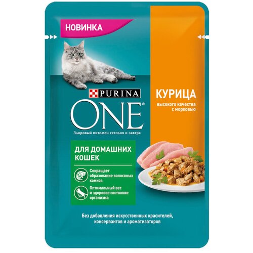 Влажный корм для кошек Purina ONE для живущих в помещении, с курицей, с морковью 52 шт. х 75 г (кусочки в соусе) фотография