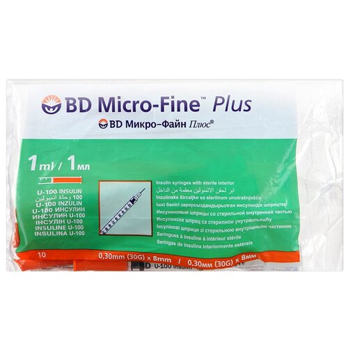 Шприц инсулиновый BD Micro-Fine Plus U-100 трехкомпонентный, 8 мм x 0.3 мм, размер: 30G, 1 мл, 10 шт. фотография