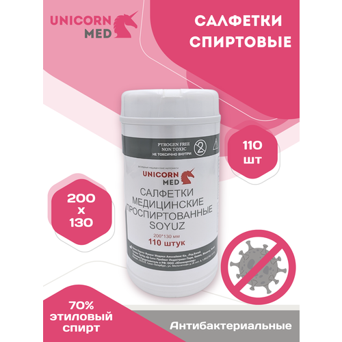 Спиртовые салфетки 200х130мм 110шт антисептические антибактериальные UnicornMed дезинфицирующие фотография