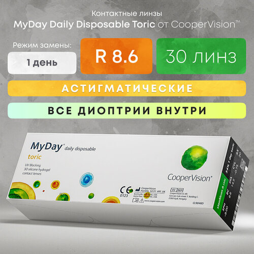 Контактные линзы CooperVision MyDay daily disposable toric, 30 шт., R 8,6, D -7,5, CYL: -0,75, AХ: 180, прозрачный, 1 уп. фотография