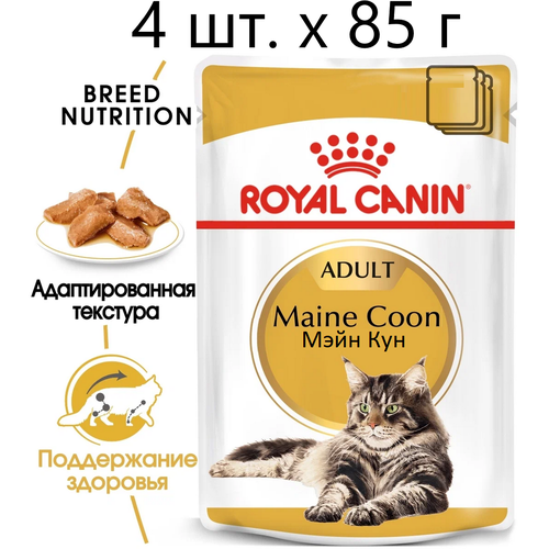 Влажный корм для кошек Royal Canin Maine Coon Adult, для взрослых кошек породы мейн-кун, 4 шт. х 85 г (кусочки в соусе) фотография