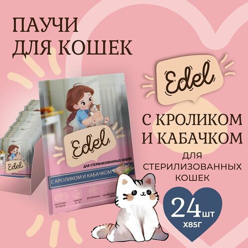 Корм влажный для стерилизованных кошек Edel (Эдель) кусочки в соусе с кроликом и кабачком, пауч (24шт*85гр) фотография