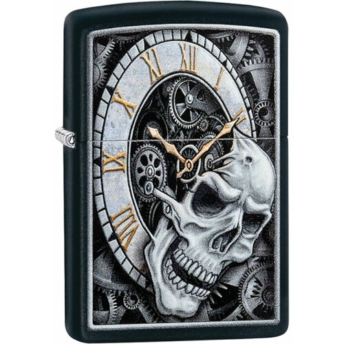 ZIPPO Зажигалка Skull Clock с покрытием Black Matte латунь/сталь чёрная матовая 38x13x57 мм 29854 фотография