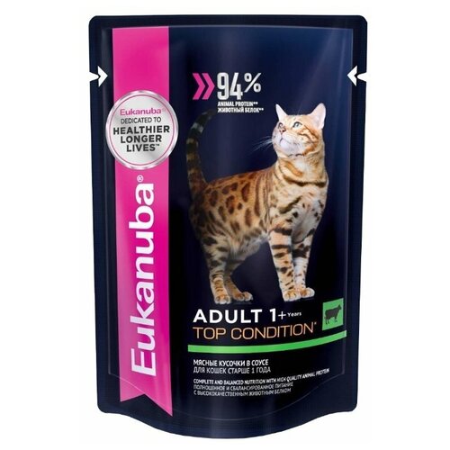 Влажный корм для кошек Eukanuba Top Condition, для здоровья кожи и блеска шерсти, с говядиной 6 шт. х 85 г (кусочки в соусе) фотография