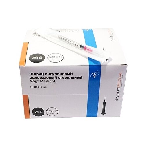 Шприц инсулиновый VOGT MEDICAL U-100 трехкомпонентный, 13 мм x 0.33 мм, размер: 29G, 1 мл, 100 шт. фотография