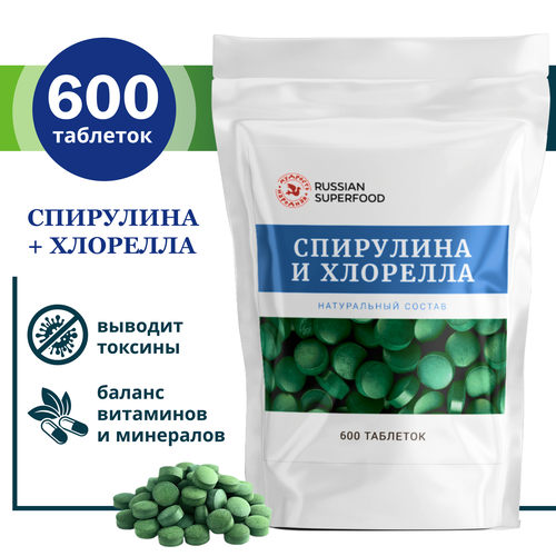 БАД спирулина + хлорелла Russian Superfood/ 600 таблеток по 500 мг. /таблетки для похудения, фотография