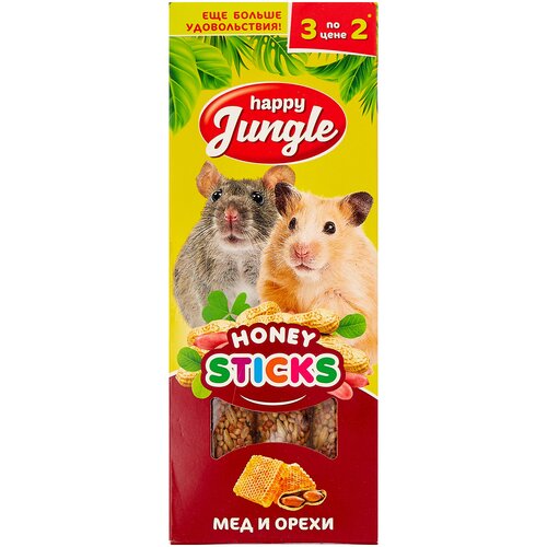 Лакомство для кроликов, хорьков, грызунов Happy Jungle Honey sticks Мед и орехи, 90 г, 3 шт. в уп. фотография