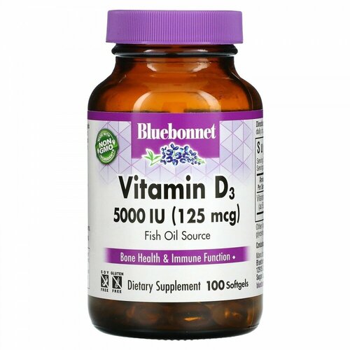 Bluebonnet Nutrition, Vitamin D3, 125 mcg (5,000 IU), 100 Softgels фотография