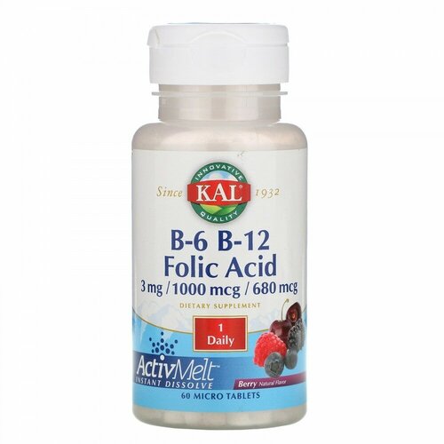 KAL B6 B12 Folic Acid (B-6 B-12 Фолиевая кислота) со вкусом ягод 60 таблеток фотография