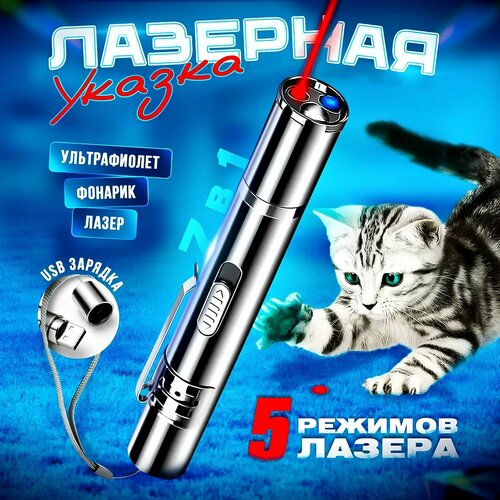 Лазерная указка SimpleShop 7 в 1 для кошек и собак, Лазер, УФ, Фонарик, с USB зарядкой. фотография