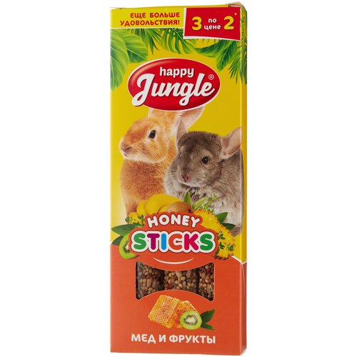 Лакомство для кроликов, хорьков, грызунов Happy Jungle Honey sticks Мед и фрукты, 90 г, 3 шт. в уп. фотография