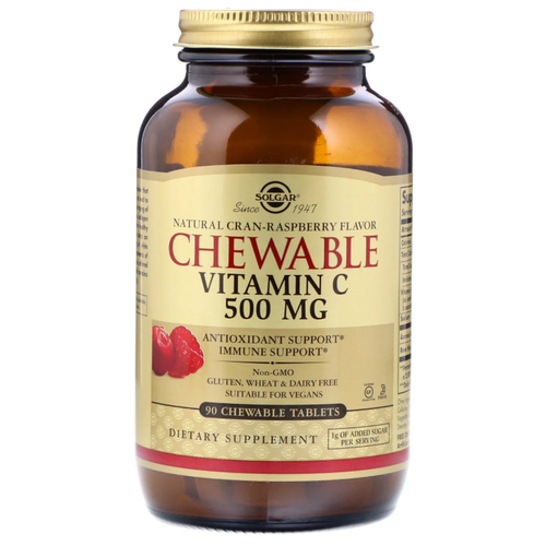 Solgar Chewable Vitamin C Natural Cran-Raspberry Flavor таб. жев., 500 мг, 250 мл, 800 г, 90 шт., малина фотография