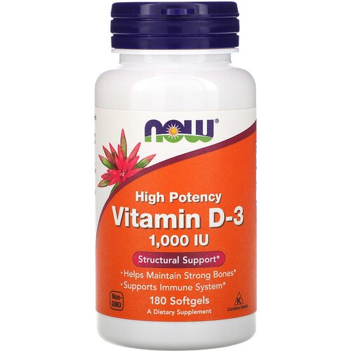 NOW Витамин D3, Vitamin D-3, 25 мкг (1000 IU), 180 капсул фотография