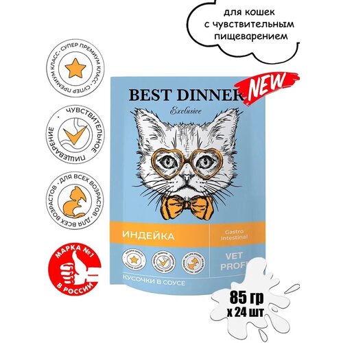 Влажный корм Best Dinner Exclusive Vet Profi Gastro Intestinal для кошек, для профилактики заболевания ЖКТ, кусочки в соусе, с индейкой 85г х 24 шт. фотография