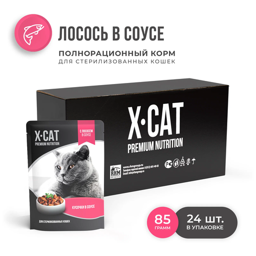 Влажный корм для стерилизованных кошек X-CAT с лососем 24 шт. х 85 г (кусочки в соусе) фотография