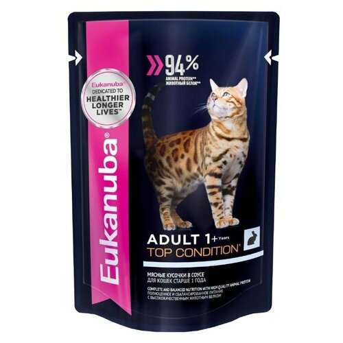 Влажный корм для кошек Eukanuba Top Condition, для здоровья кожи и блеска шерсти, с кроликом 6 шт. х 85 г (кусочки в соусе) фотография