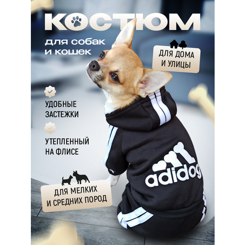 Комбинезон Adidog для собак и кошек, демисезонный, размер XL, черный, унисекс, с капюшоном фотография