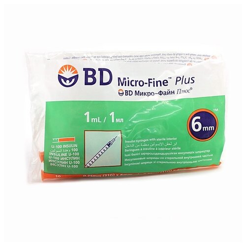 Шприц инсулиновый BD Micro-Fine Plus U-100 трехкомпонентный, 6 мм x 0.25 мм, размер: 31G, 1 мл, 10 шт. фотография