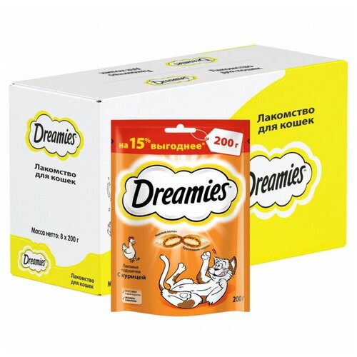 Лакомство для кошек Dreamies подушечки с курицей, 8 шт по 200 г фотография