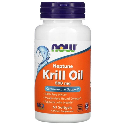 NOW Foods Neptune Krill Oil Cardiovascular Support 500 mg, 60 softgels, НАУ Фудс Масло морского криля Нептун, 500 мг, 60 софтгель капсул фотография