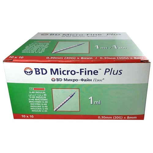 Шприц инсулиновый BD Micro-Fine Plus U-100 трехкомпонентный, 8 мм x 0.3 мм, размер: 30G, 1 мл, 100 шт. фотография