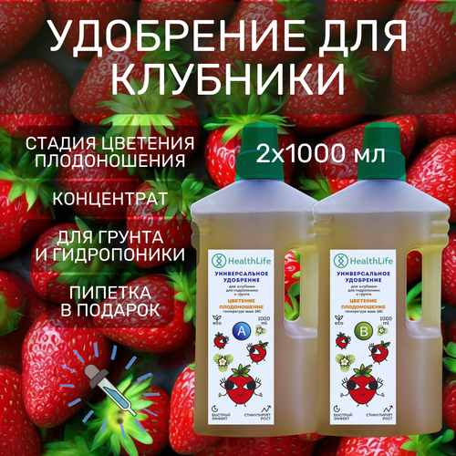 Комплекс HealthLife Удобрение для клубники А+В стадия Цветение Плодоношение(2 по 1000 мл) концентрат для гидропоники и грунта увеличивает урожайность фотография