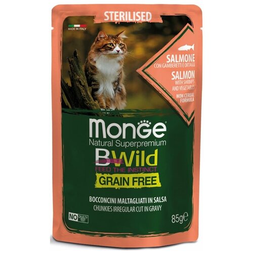 Влажный корм для кошек Monge BWild Grain Free стерилизованных Лосось с креветками и овощами 85 г фотография