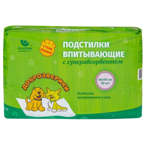 Пеленки для щенков впитывающие Доброзверики Сухие лапки 90х60 см 30 шт. 90 см 60 см белый фотография