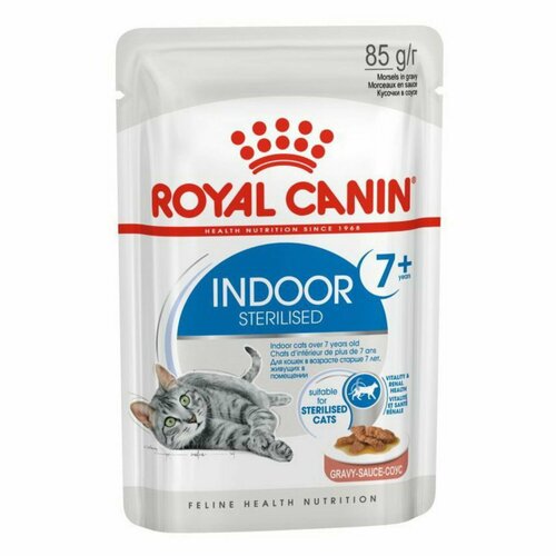 Корм влажный Royal Canin Indoor Sterilised 7+ для стерилизованных кошек старше 7 лет пауч кусочки в соусе 6*85г фотография