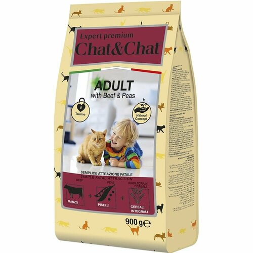 Сухой корм Chat&Chat Expert Premium Adult with beef & peas, для взрослых кошек с говядиной и горохом, 900г фотография