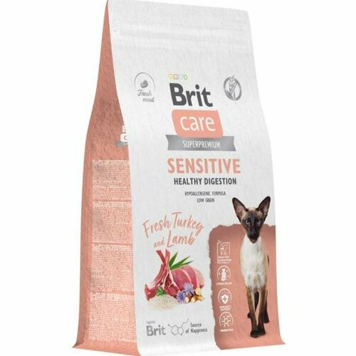 Brit Сухой корм Care Cat Sensitive Healthy Digestion с индейкой и ягненком для взрослых кошек Чувствительное пищеварение, 7кг фотография