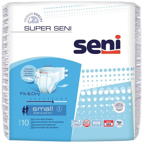 Подгузники для взрослых Seni Super, S, 40 х 60 см, 6 капель, 55-80 см, 10 шт. фотография