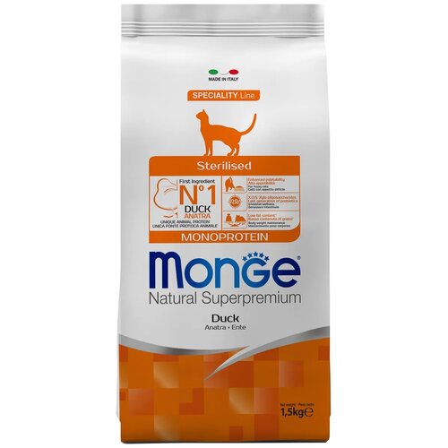 Сухой корм для стерилизованных кошек Monge Natural Superpremium Monoprotein, с уткой 1500 г (кусочки в желе) фотография