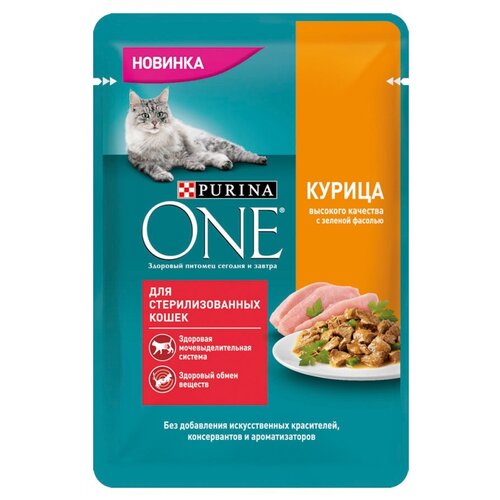 Влажный корм для стерилизованных кошек Purina ONE с курицей, с зелёной фасолью 52 шт. х 75 г (кусочки в соусе) фотография