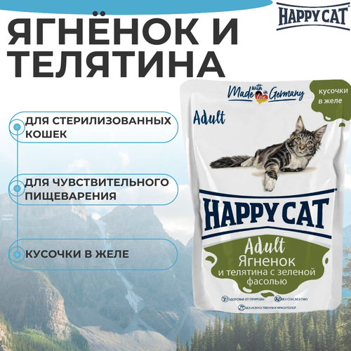 Корм HAPPY CAT 100гр для любых кошек Ягненок Теленок Зеленая фасоль в желе (пауч) фотография