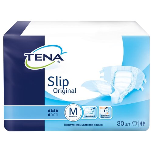 Подгузники для взрослых ТЕНА Slip Original, M, 75 х 120 см, 5 капель, 80-120 см, 1 уп. по 30 шт. фотография