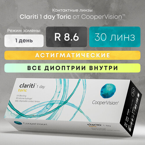 Контактные линзы CooperVision Clariti 1 day toric., 30 шт., R 8,6, D -8, CYL: -1,25, AХ: 180, ADD: +1.00 D, прозрачный, 1 уп. фотография