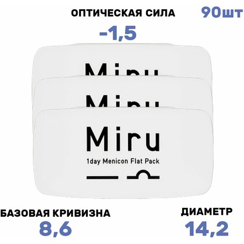 Контактные линзы Menicon Miru 1day Flat Pack, 30 шт., R 8,6, D -1,5, бесцветный, 3 уп. фотография