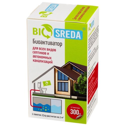 BIOSREDA биоактиватор для всех видов септиков и автономных канализаций, 300 л/, 340 г, 12 шт., 12 уп. фотография