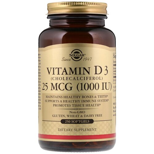 Капсулы SOLGAR Vitamin D3 (Cholecalciferol) 1000 МЕ, 640 г, 1000 ME, 250 шт. фотография