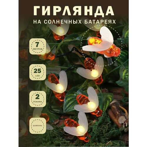 INBLOOM Гирлянда на солн. батарее, 25LED, 7м, шампань, 2 реж, пчелка, ПВХ зел, 2V80mA, 1.2V600mAh фотография