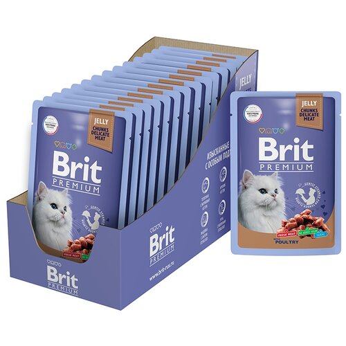 Влажный корм для кошек Brit Premium ассорти из мяса птиц 14 шт. х 85 г (кусочки в желе) фотография