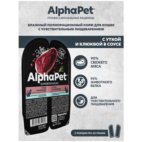 Влажный корм для кошек с чувств. пищеварением AlphaPet Superpremium Утка и клюква мясные кусочки в соусе 80г (Упаковка 15 блистеров) фотография