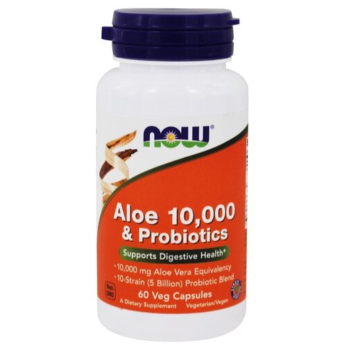 Капсулы NOW Aloe 10000 & Probiotics, 50 г, 100 мл, 60 шт. фотография