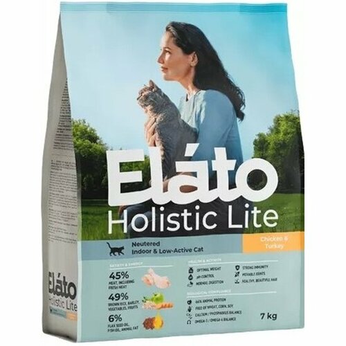 Корм сухой Elato Holistic Lite для стерилизованных кошек с курицей и индейкой, для домашних малоактивных кошек, 7 кг фотография