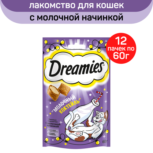 Лакомство Dreamies Молочный коктейль для взрослых кошек, с добавлением молока, 12 пачек по 60 г фотография