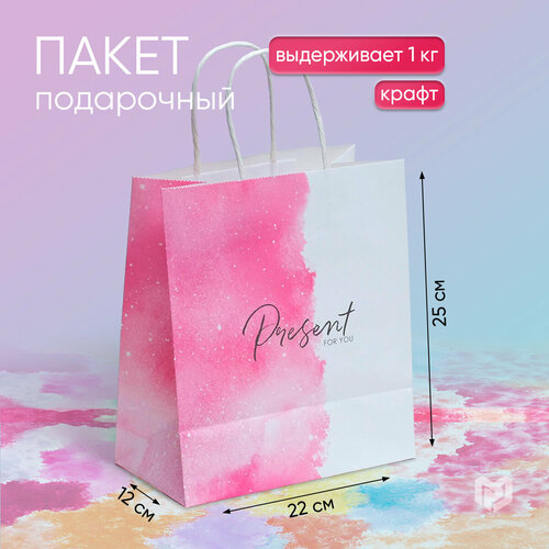 Пакет подарочный Дарите счастье Present for you, 22x25x12 см, белый/розовый фотография