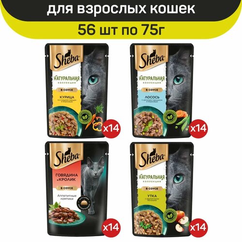 Влажный корм для кошек Sheba, микс вкусов в соусе: с курицей, с говядиной и кроликом, с лососем, с уткой, 56 шт по 75 г фотография