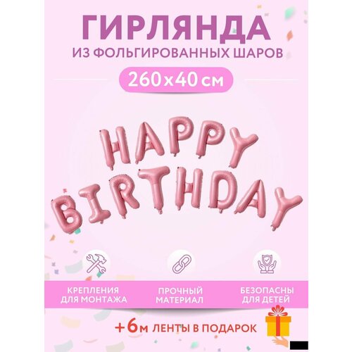 Набор фольгированных воздушных шаров буквы для фотозоны Happy Birthday С днем рождения, розовые фотография