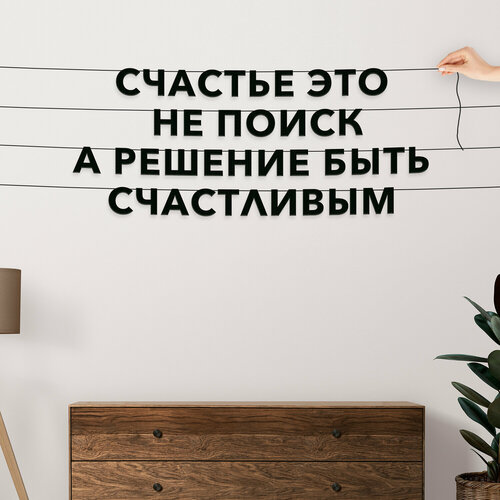 Надпись на стену, Цитата Ральф Уолдо Эмерсон - “Счастье — это не поиск, а решение быть счастливым“, черная текстовая растяжка. фотография